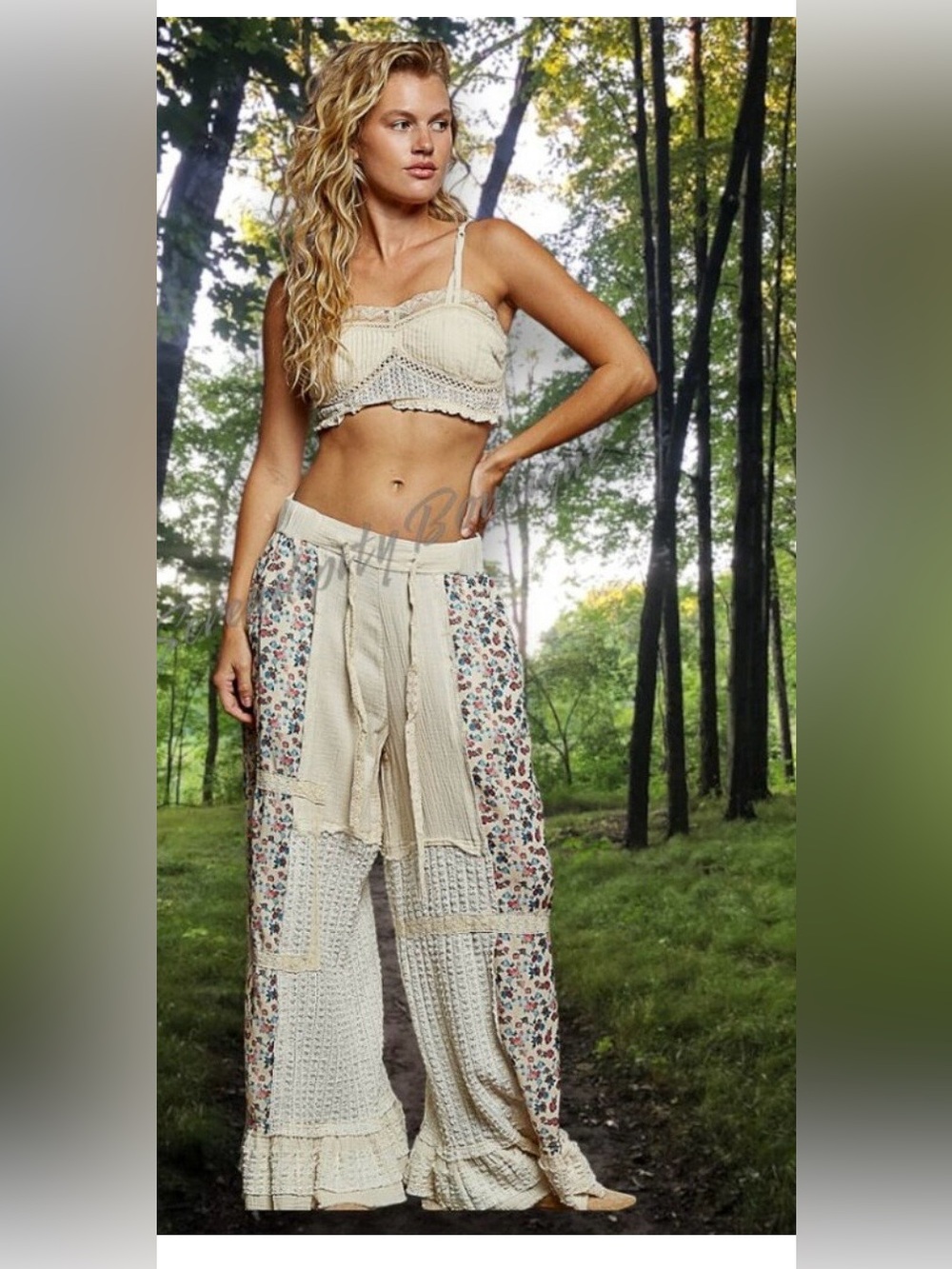 POL Cream Floral Patchwork Wide-Leg Pants - Picture 2 of 5